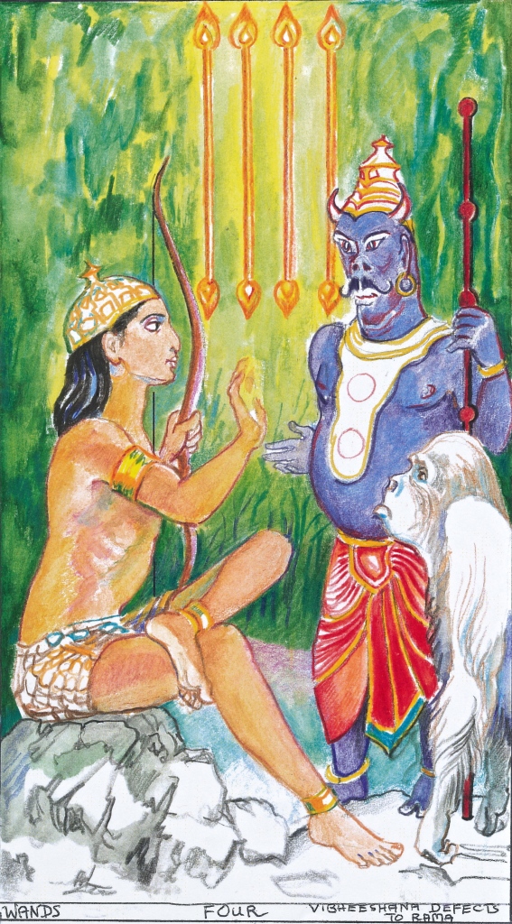 Sacred India Tarot, Four of Staves - Rama welcomes Vibheeshana