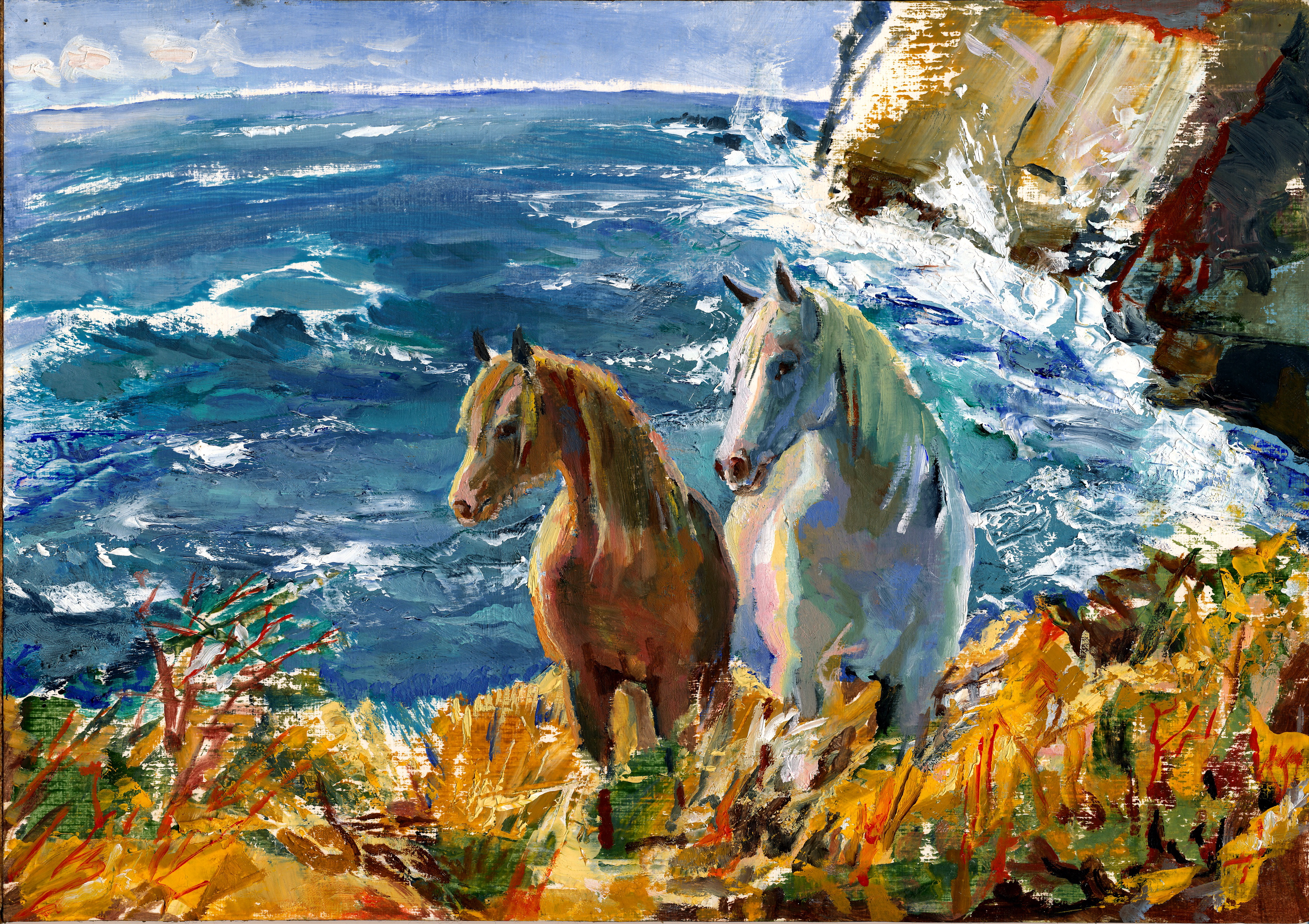 Как назвать картину. Пейзаж с лошадьми маслом. Лошадь море живопись. Живопись кони морские. Картины лошадей на море.